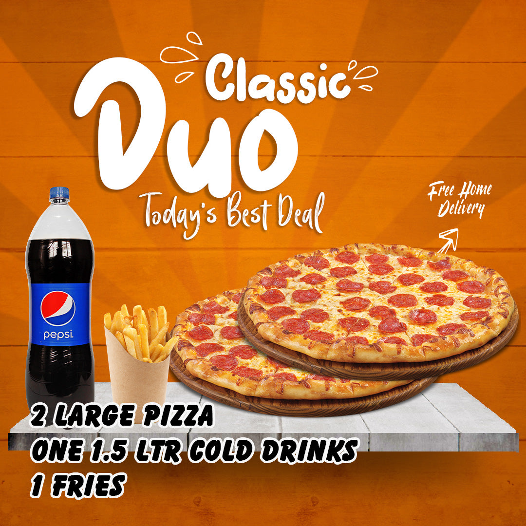 Amazing value! 2 large halal pizzas, 1.5L drink & fries for £15. Choose from 20+ delicious flavours. Best halal pizza deal in Nottingham. Order now!