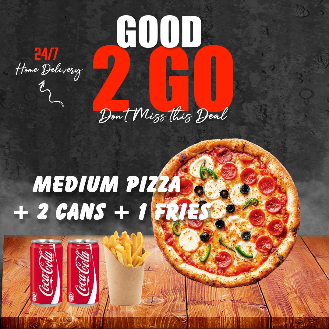 Perfect quick meal! Medium halal pizza, crispy fries & 2 cans for £9. Delivery & takeaway in Nottingham. Order 100% halal pizza online now!