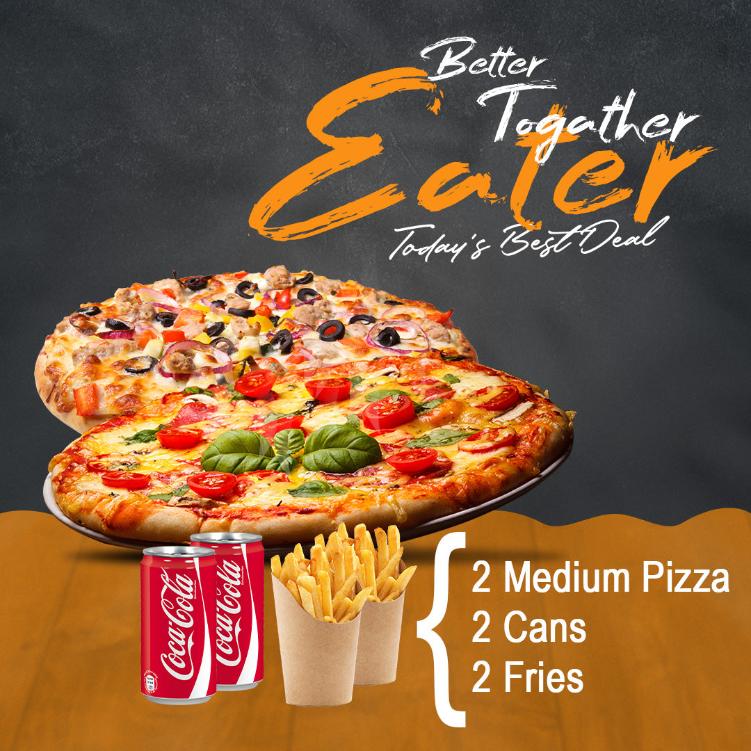Perfect sharing deal! 2 medium halal pizzas, 2 cans & 2 fries for £13. Choose from 20+ delicious flavours. Best halal pizza in Nottingham. Order now!