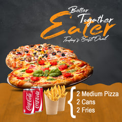Perfect sharing deal! 2 medium halal pizzas, 2 cans & 2 fries for £13. Choose from 20+ delicious flavours. Best halal pizza in Nottingham. Order now!