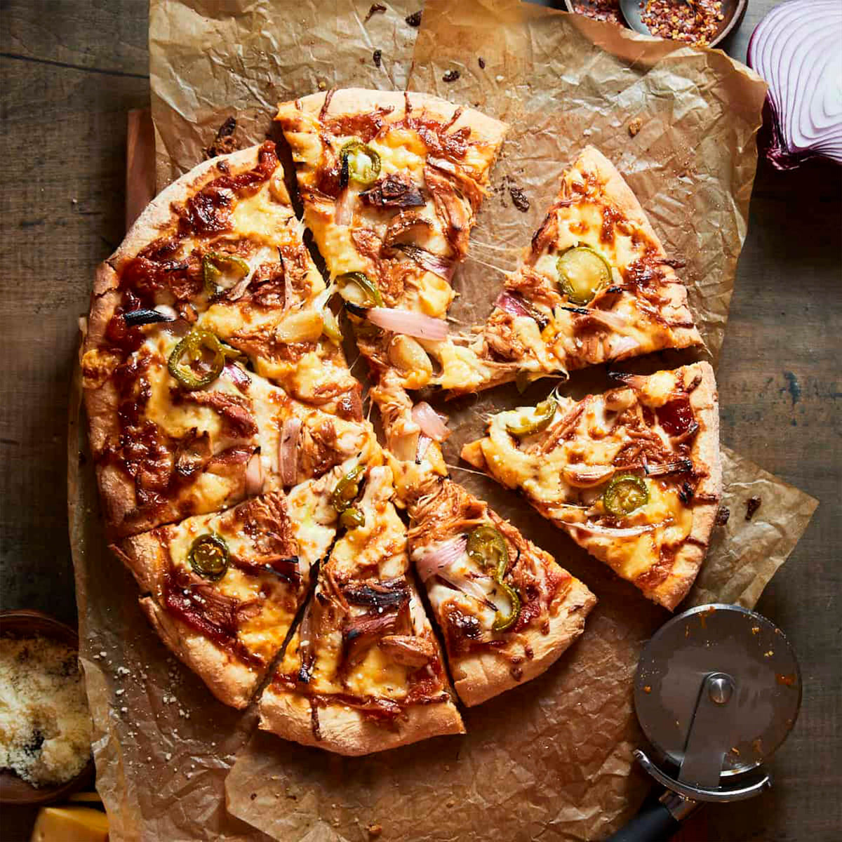 Halal BBQ chicken pizza with smoky BBQ sauce - Mi Burger Nottingham